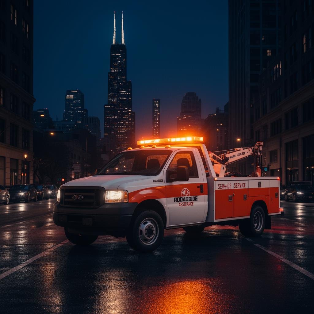 BatteryRealm roadside assistance service truck with emergency lights in front of the Chicago skyline at night